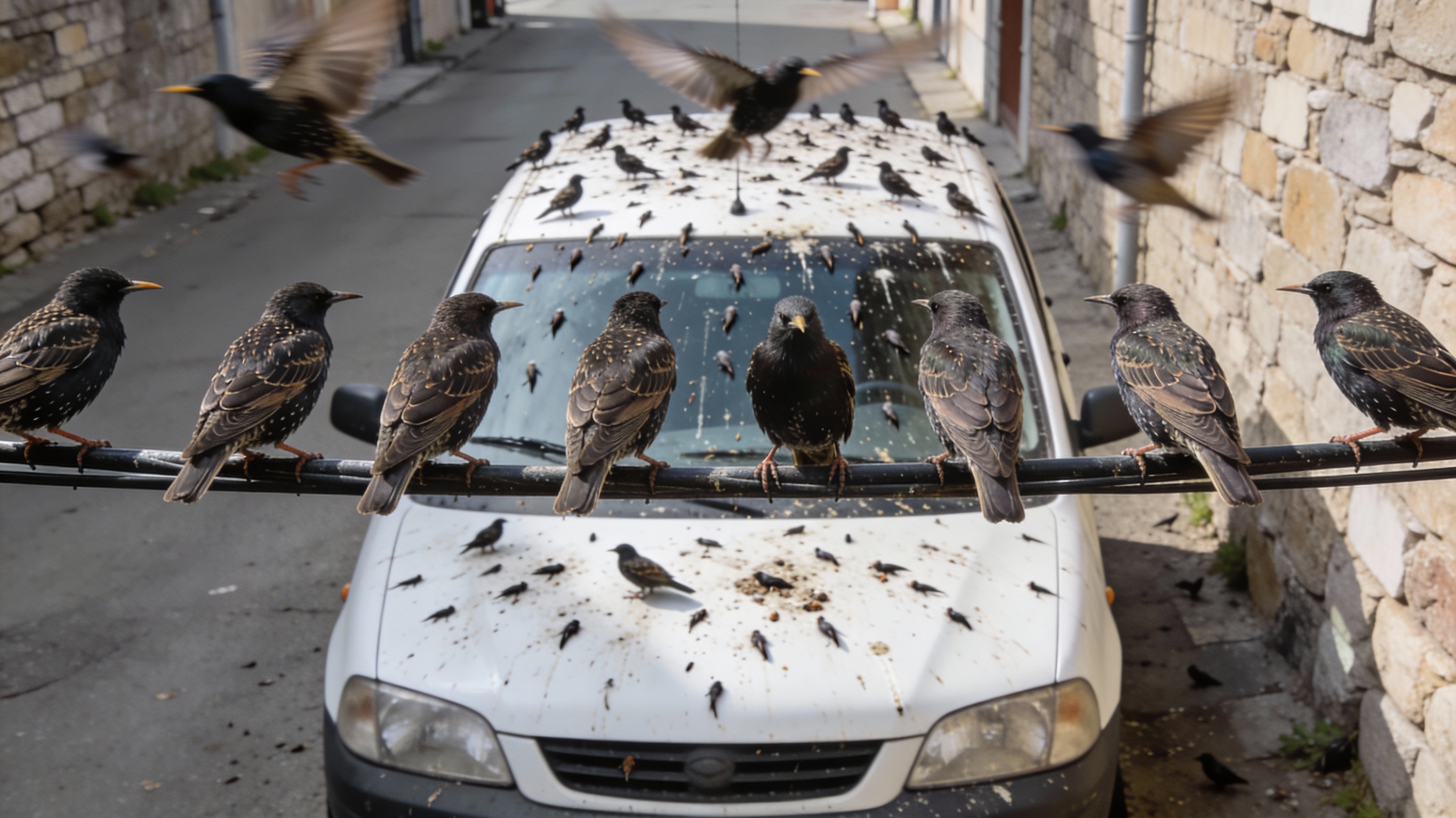 Etourneaux en groupe sur un câble