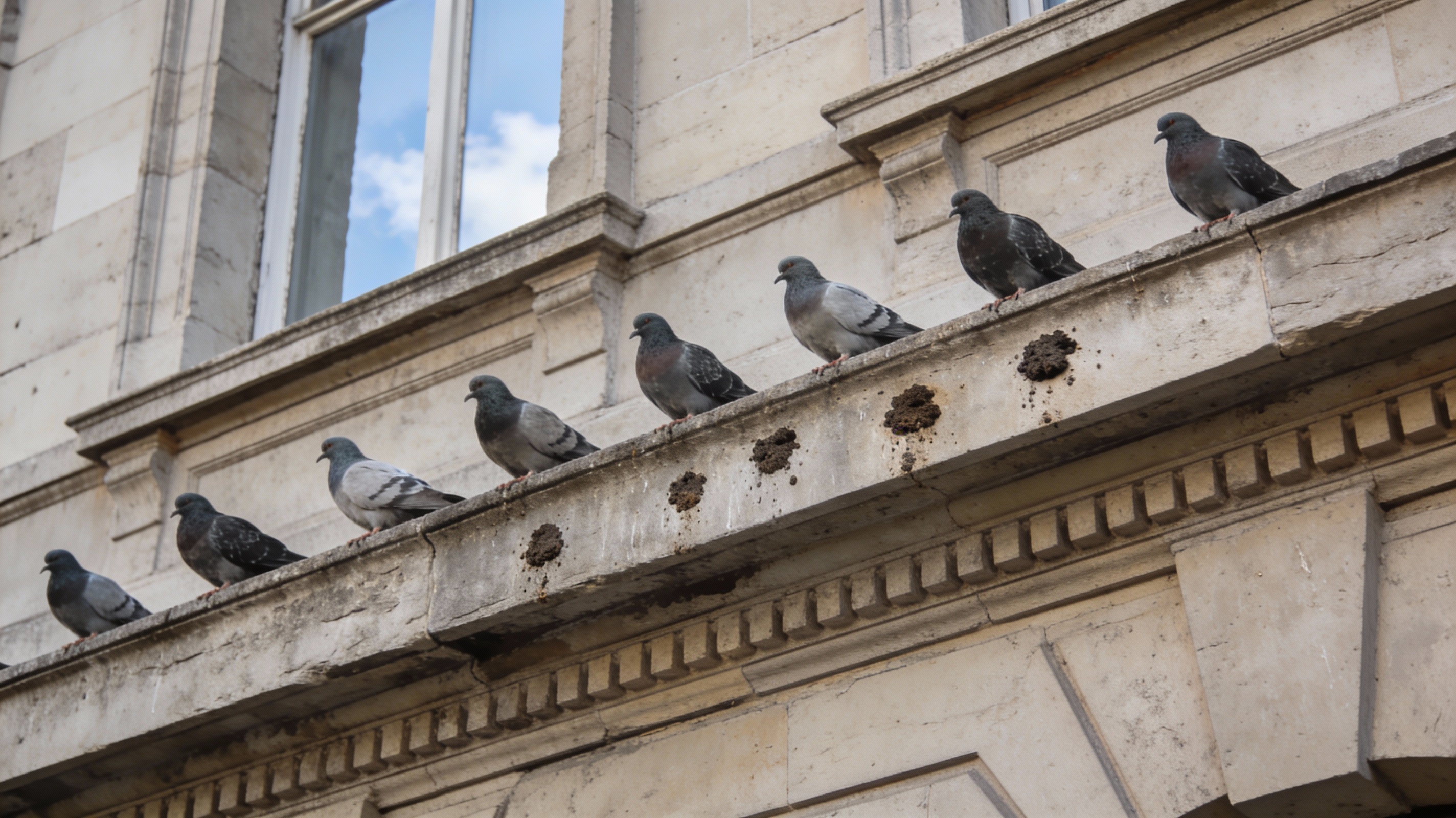 Pigeons des villes sur un rebord de façade